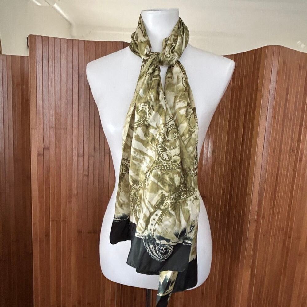 Vintage Olive Green and Charcoal Paisley Silk Scarf